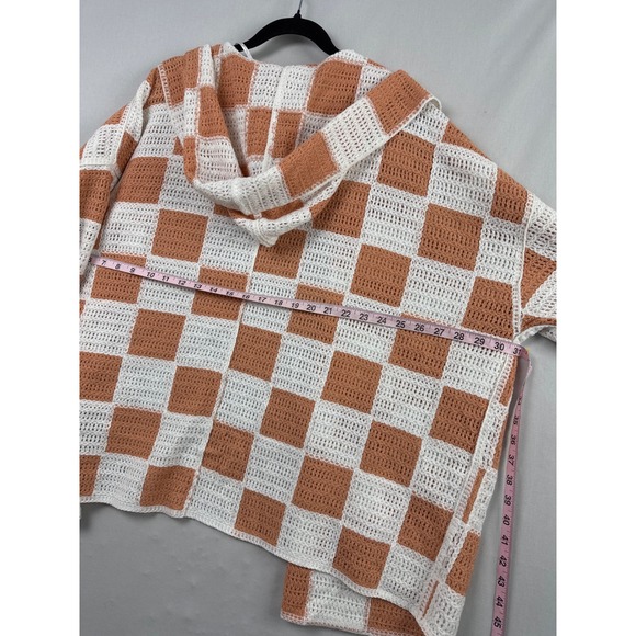 Torrid Crochet Hooded Cardigan Womens 3/4 Coral White Checkered Open Front Knit - Picture 7 of 9